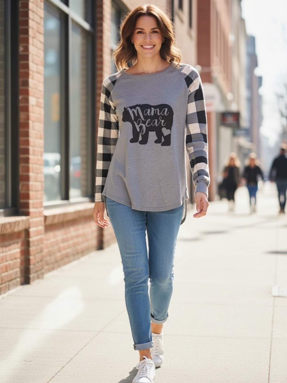 Gray 'Mama Bear' Buffalo-Check Sleeve Pullover Hoodie